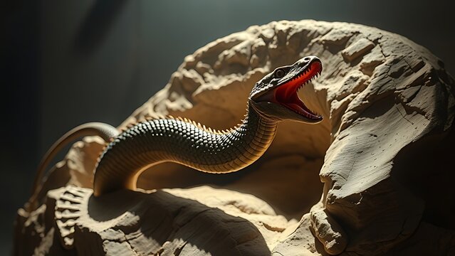 A fossilized two-headed serpent emerging dramatically from stone under museum lighting, evoking ancient mysteries.