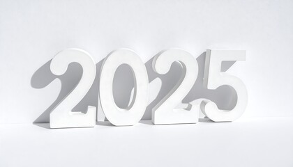 White 3D Numbers 2025 Standing on a White Surface with Soft Shadows.