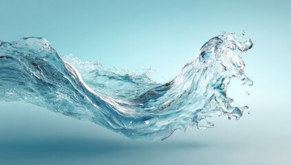 A translucent, dynamic wave of water curves gracefully against a pale blue backdrop, showcasing its fluidity and texture with glistening highlights