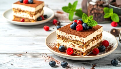 A delectable slice of tiramisu, layered with creamy custard, moist biscotti, and topped with fresh berries and cocoa powder, sits beautifully on a light gray plate.