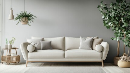 Modern living room decor featuring a stylish cream colored sofa