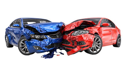 Naklejka premium Severe Car Crash Accident – Red and Blue Vehicles Collide Head-On with Heavy Damage