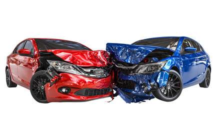 Severe Car Crash Accident – Red and Blue Vehicles Collide Head-On with Heavy Damage