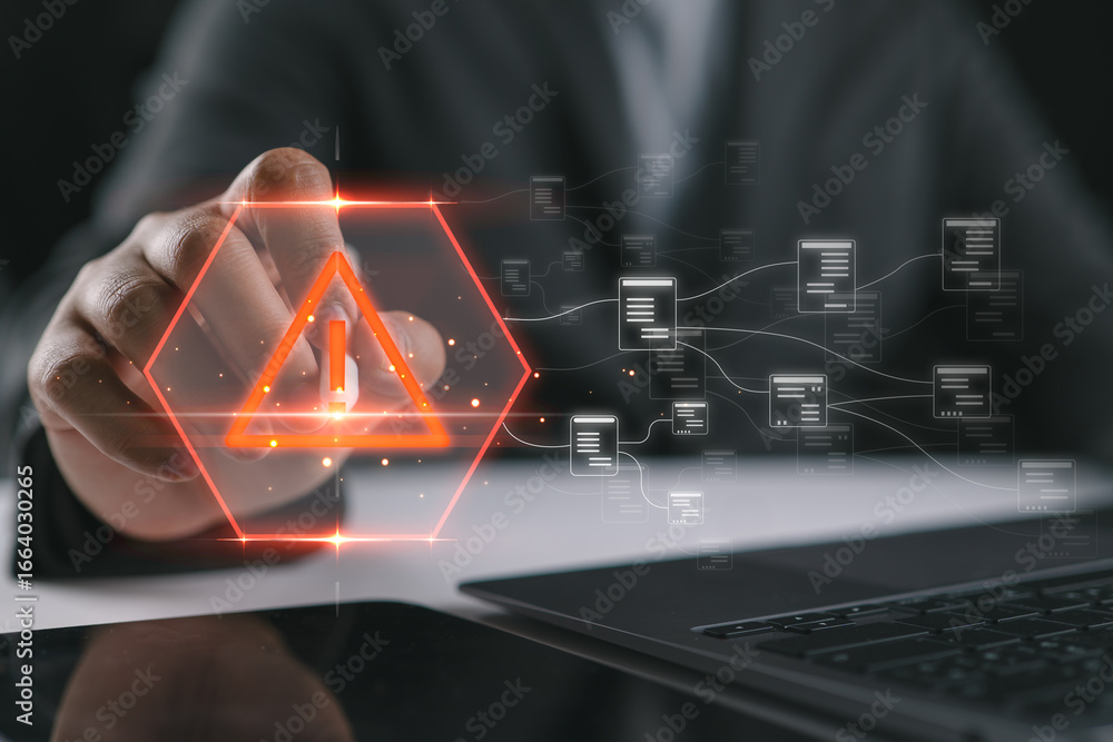 Poster programmer and virtual icons, exclamation mark, alarm, computer virus detected, danger warning conce