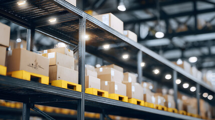 Organized boxes on modern warehouse shelves, softly lit with blurred industrial surroundings.