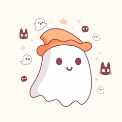 cute halloween ghost and cat with cream background suitable for walpaper.