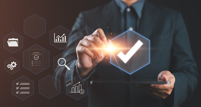 Businessman checking steps through online document with list of checkboxes, regulation, Concepts of practices and policies, procedure company articles of association Terms and Conditions