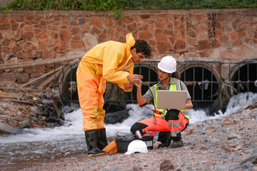 Two environmental field workers in protective gear conduct a water pollution inspection at a drainage outlet, collecting samples and analyzing data for contamination levels.