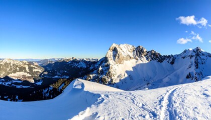 A sweeping vista of snow-capped mountains under a vibrant blue sky.  A serene winter landscape unfolds from a high vantage point, showcasing the grandeur of the peaks and valleys below.