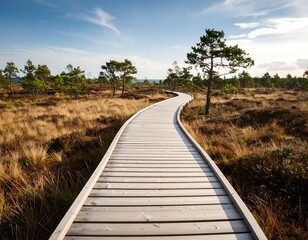 Winding boardwalk through golden marsh