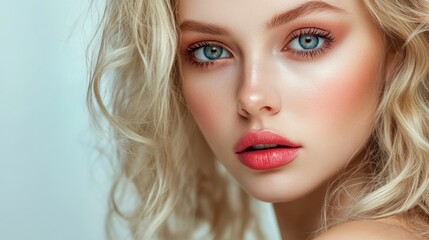Fototapeta premium A beautiful woman with blonde hair and blue eyes gazing forward