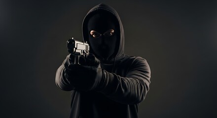 A hooded figure in a ski mask aims a handgun directly at the viewer in a dark and ominous setting robber