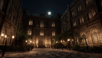 Obraz premium Nighttime courtyard of a grand historical building with full moon