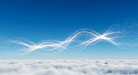 Sparkling energy wave dances above serene cloudscape under a clear blue sky