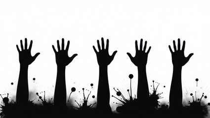 Fototapeta premium Silhouette of five raised hands emerging from a dark dripping spray paint border