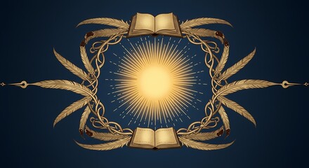 Elegant golden sunburst emblem with ancient book and quill details on deep blue