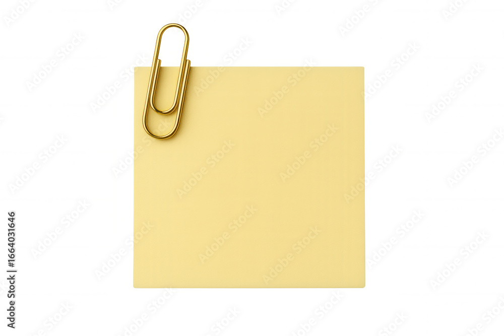 Poster gold paperclip holding a blank yellow sticky note on a transparent background, creating a simple yet