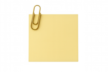 Gold paperclip holding a blank yellow sticky note on a transparent background, creating a simple yet effective visual for reminders and important information