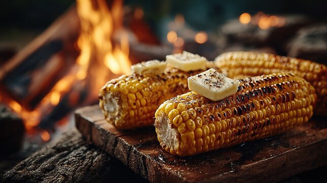 Grilled Corn on the Cob with Butter on Top, Over Open Fire with Fire Sparks and Smoke