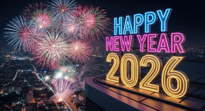 Happy New Year 2026 glowing text with fireworks
