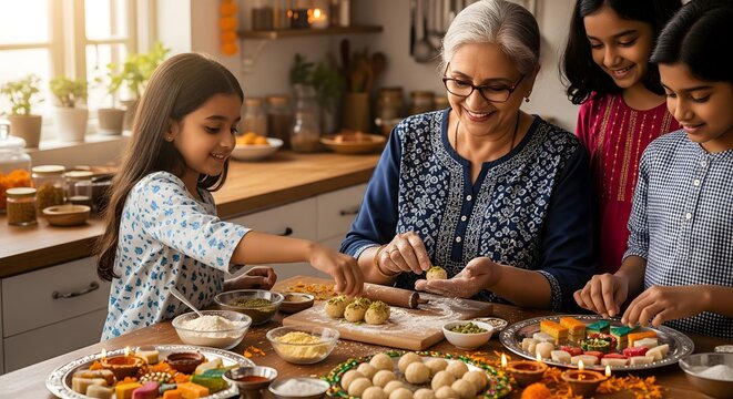 Grandmother preparing traditional Indian sweets with grandchildren for Diwali, festive family bonding in kitchen celebrating festival of lights with love and tradition