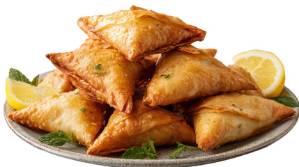 Delicious samosas stacked on a plate with lemon slices and mint leaves for garnish.