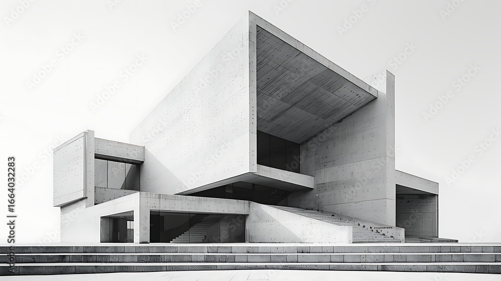 Poster stark concrete architecture featuring sharp angles and geometric shapes against a bright white sky