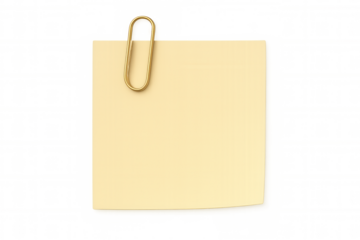 Yellow sticky note paper fastened by golden paperclip, floating against transparent surface, highlighting clean minimalist communication concept