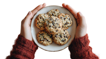 Freshly baked chocolate chip cookies served on a white plate, held by hands wearing a cozy sweater.