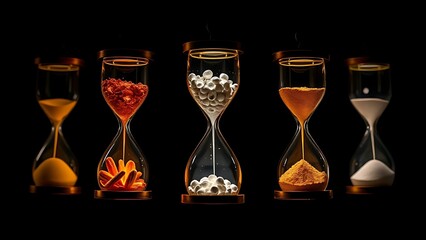 Five glowing hourglasses in a circle, each filled with unique vitality symbols.