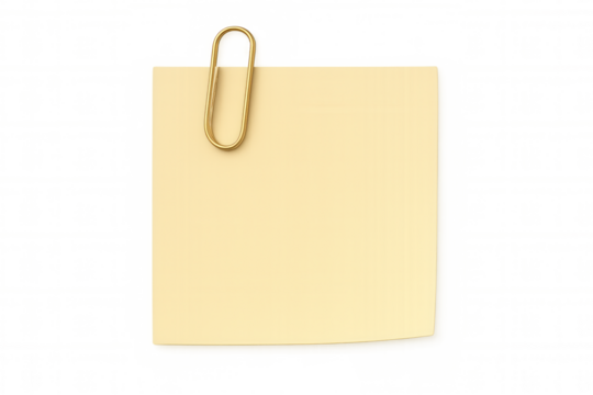 Yellow sticky note paper fastened by golden paperclip, floating against transparent surface, highlighting clean minimalist communication concept