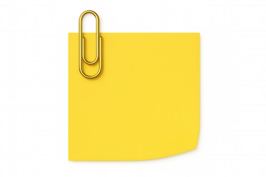 Golden paperclip gripping yellow sticky note against transparent surface, highlighting minimalist design for quick memo capturing