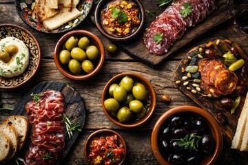 Assorted tapas platter on rustic wooden table