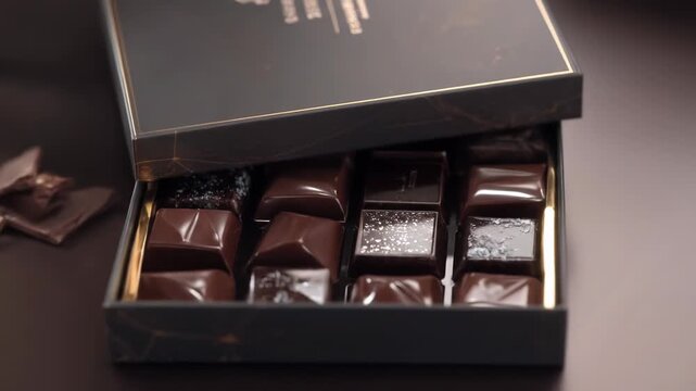 A dark gray, rectangular gift box sits on a dark surface, partially opened.  Printed gold-colored text and a small embossed image are visible on the box