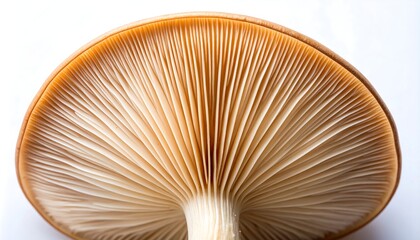 Close-up of mushroom gills, pale tan, radiating from center
