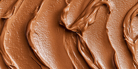 Close up texture of creamy chocolate spread background, smooth sweet cocoa hazelnut paste surface, delicious dessert ingredient pattern