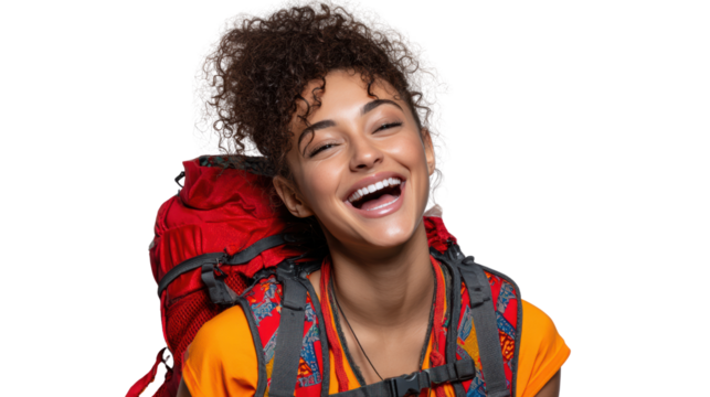 Happy hiker with backpack, smiling broadly against a white isolated background.