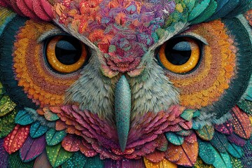 Close-up vibrant owl face, intricate details.  Colorful feathers, textured,  large eyes