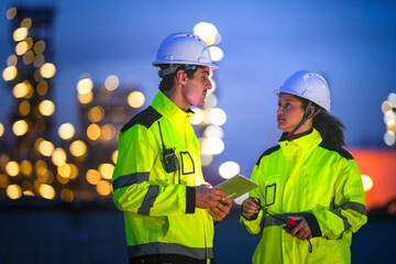 Two engineers in reflective safety gear review plans on a tablet during a night shift at an industrial site, with blurred factory lights glowing in the background.