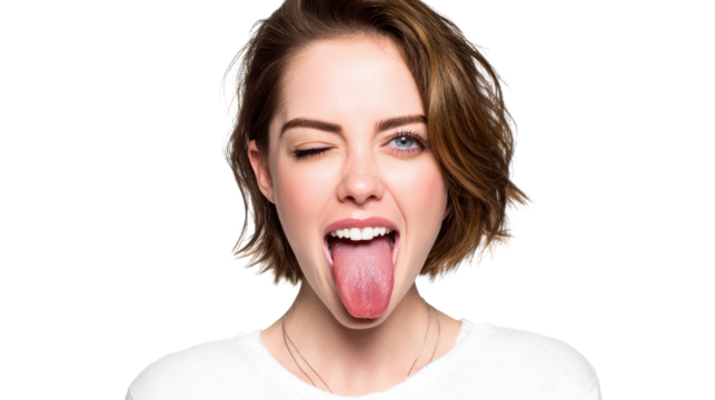 Playful young woman making a funny face with her tongue out, isolated on white background.