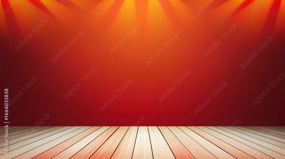 Poster the image features a red gradient wall with spotlights illuminating it from above, coupled with a li