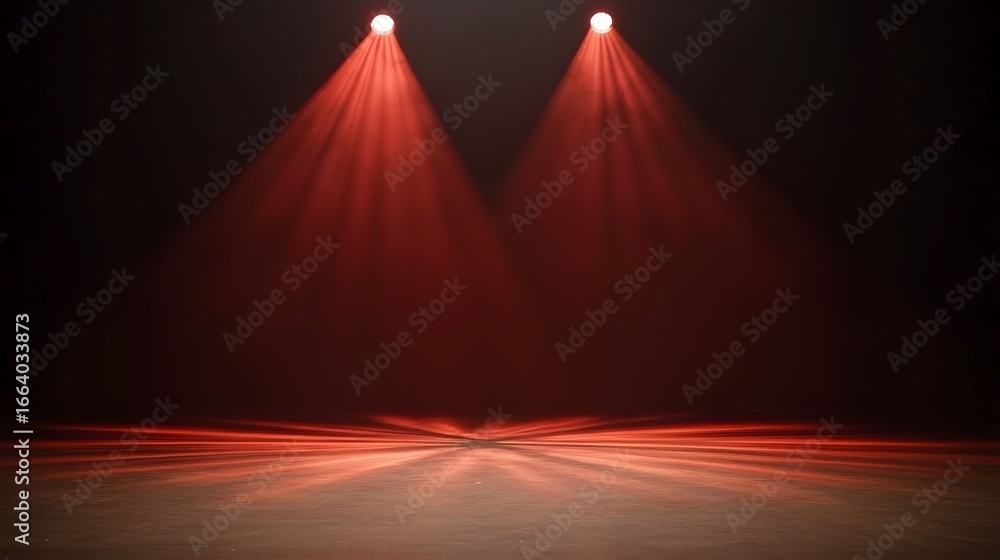 Poster the image displays a stage with two bright red spotlights beaming down, creating a dramatic and focu