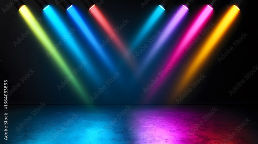 Poster the image depicts a dark room filled with an array of vibrant, colorful spotlights shining diagonall