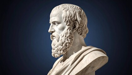 Obraz premium Detailed close-up of a light-gray marble bust of a historical figure, showcasing intricate details in the hair and beard, against a deep navy blue background.