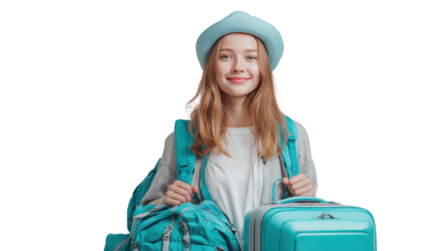 Smiling girl with turquoise backpack and suitcase ready for adventure, white isolated background.