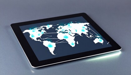 Digital World Map Displayed On A Tablet Screen Featuring Cyan Heat Spots Over A Grey Surface