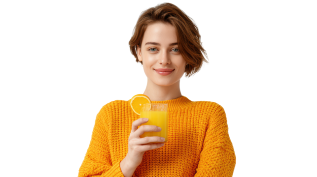 Smiling woman in an orange sweater holding a glass of orange juice, white isolated background. - Powered by Adobe