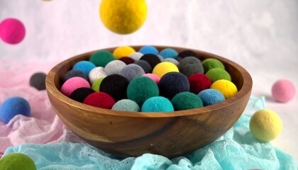 Colorful wool balls in a wooden bowl, some mid-air