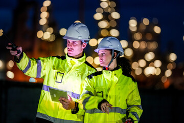 Two engineers in high-visibility jackets and safety helmets work during the night shift at an...