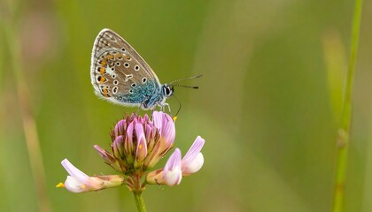 A vivid blue butterfly delicately rests upon a cluster of delicate pink flowers, showcasing intricate patterns and soft bokeh.